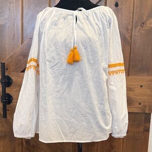 J. Crew White Blouse with Orange Tassels